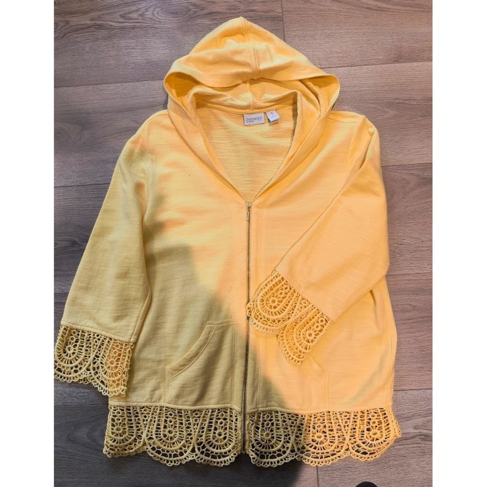 Zenergy by Chicos Yellow Crochet Lace Trim Zip Up Hoodie Jacket Cotton‎ Sz 1 (8)